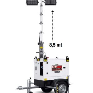 Torre faro a LED 4x320W con generatore e carrello - altezza 8.5 metri - sollevamento manuale - Genmac Sibilla