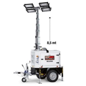 Torre faro a LED 4x320W con generatore e carrello - altezza 8.5 metri - sollevamento idraulico - Genmac Bellatrix