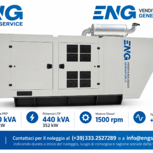 Gruppo Elettrogeno da 400 kVA (320 kW) a noleggio - Trifase Diesel Insonorizzato - con regolatore di giri elettronico e tensione stabilizzata