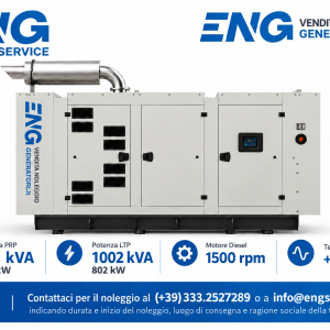 Noleggio gruppo elettrogeno 1250 kVA (1000 kW = 1 MW) – Diesel trifase insonorizzato con motore Perkins e regolatore di giri elettronico