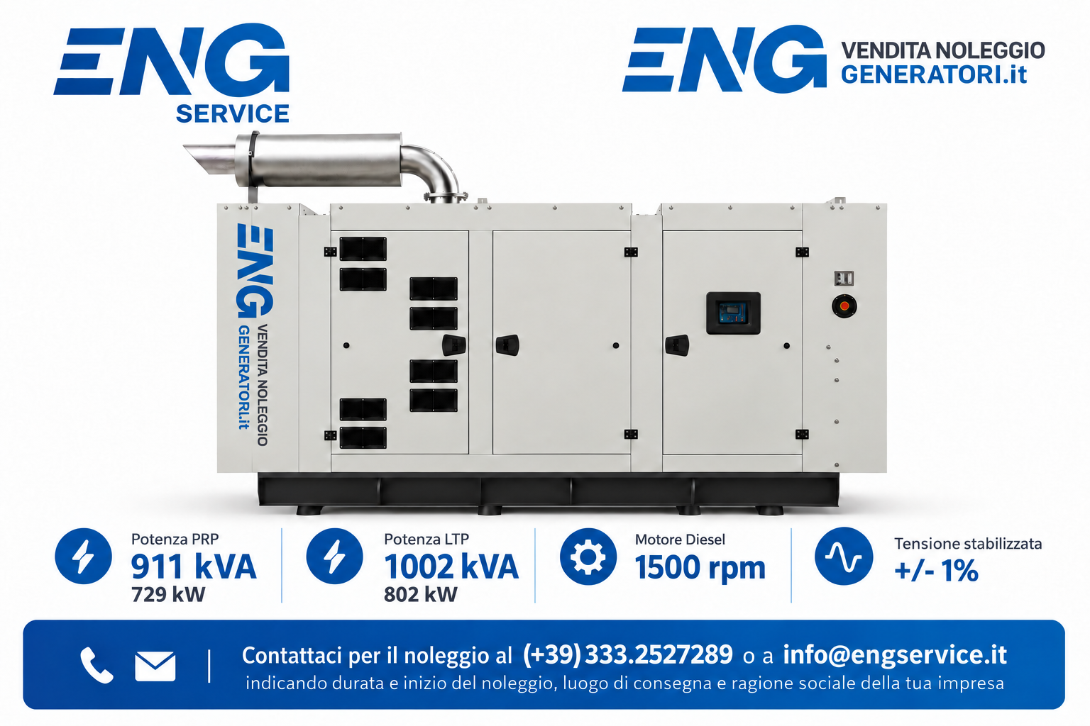 Noleggio Gruppo Elettrogeno da 1000 kVA (800 kW) Diesel Insonorizzato motore Perkins